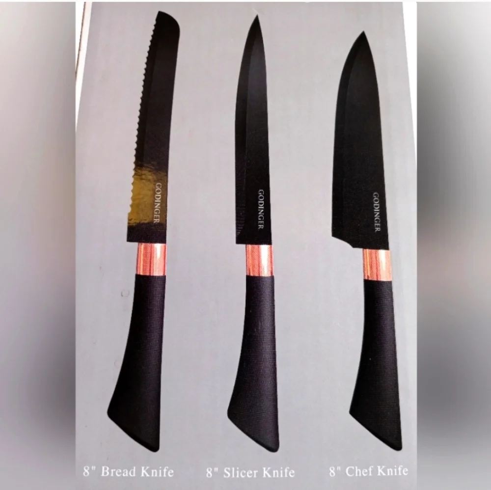 GODINGER 7 Pcs Knife Set Block & Scissors Black & Rose Gold